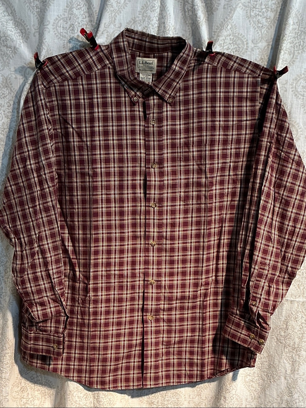 L.L. Bean Men's Maroon and White Plaid Button-Down Shirt
